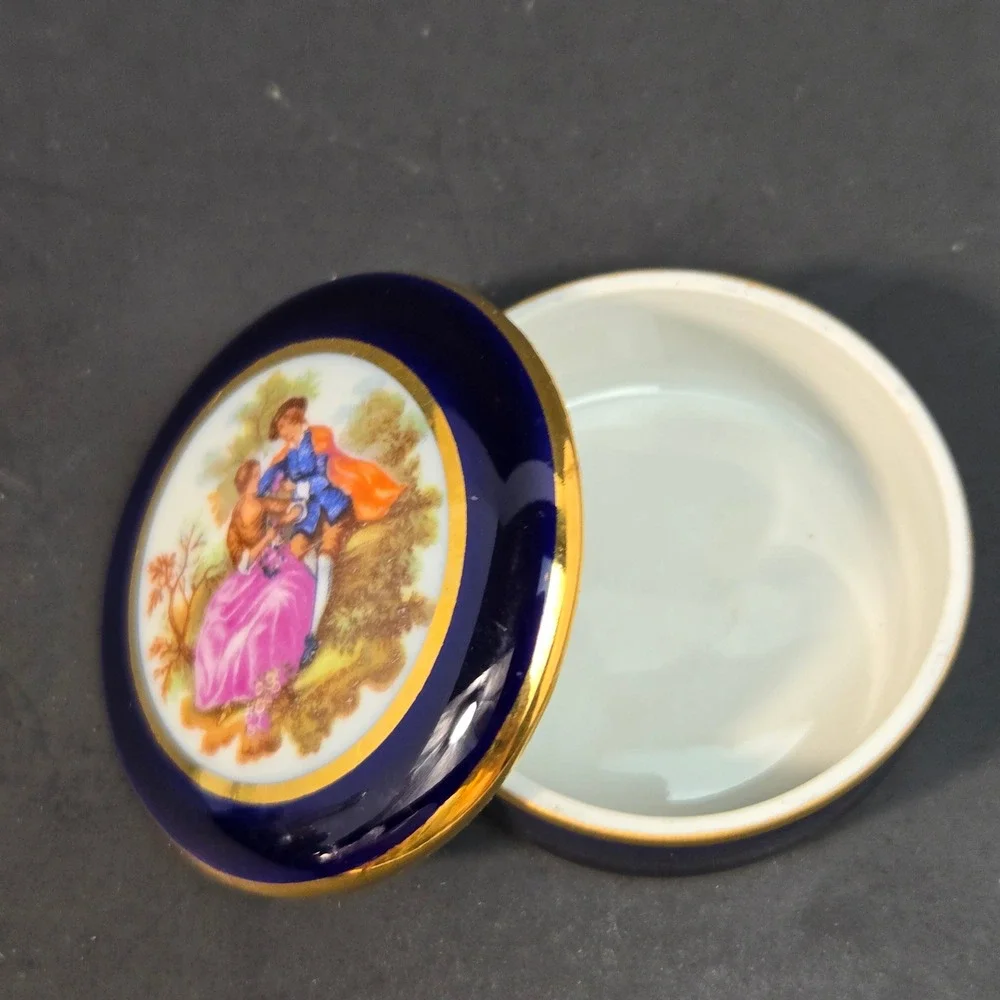 Limoges France Cobalt Blue Porcelain Trinket Box Fragonard Courting Couple